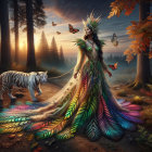 Woman in vibrant dress walks with white tiger at sunset