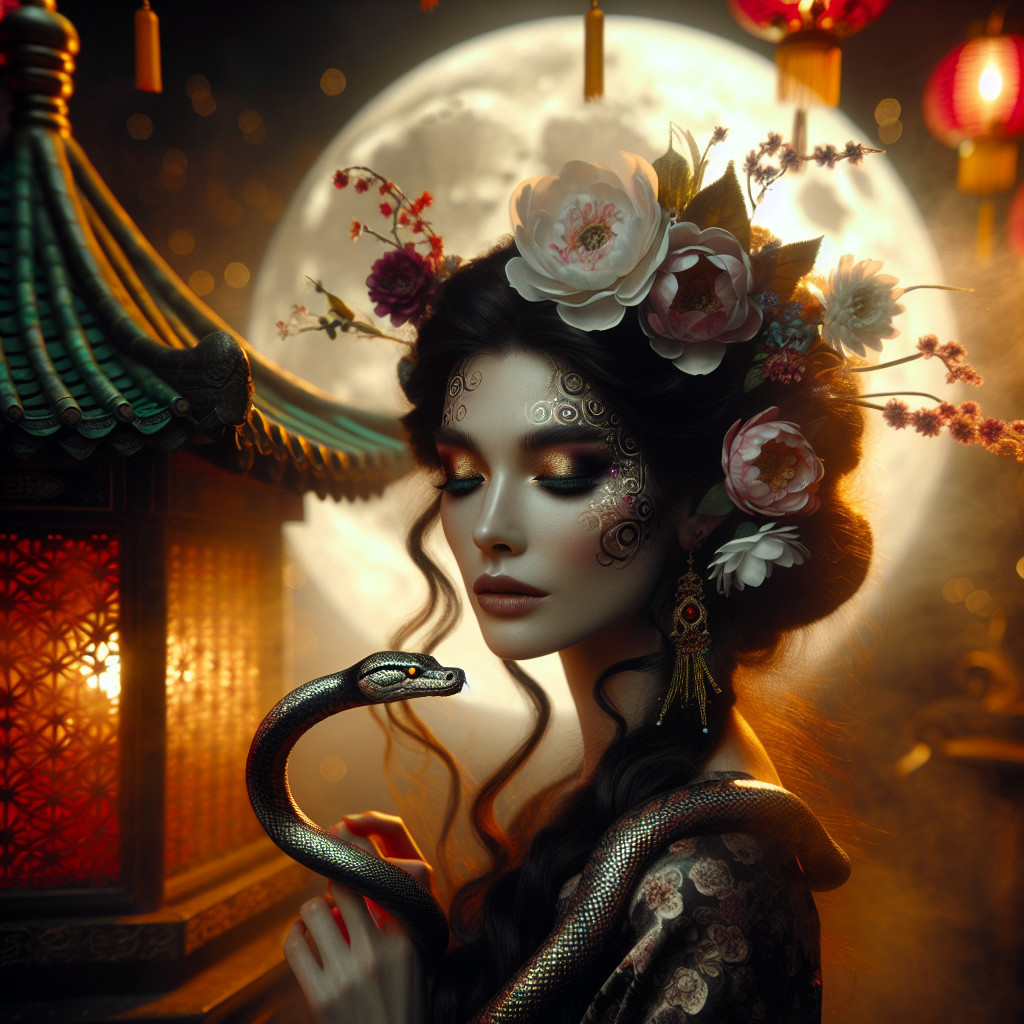 Mystical Woman with Snake Under Full Moonlight