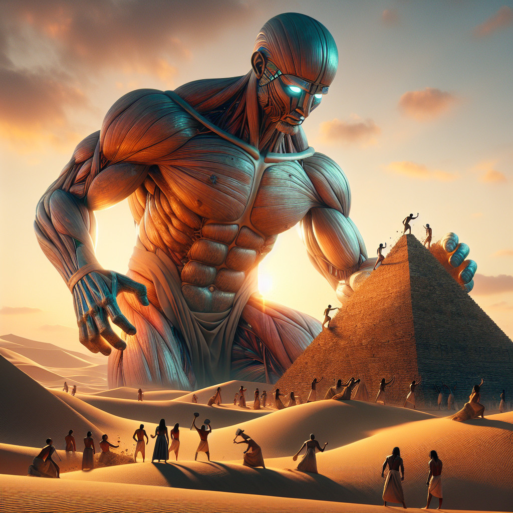 Futuristic Figure Over Ancient Egyptian Pyramid Builders