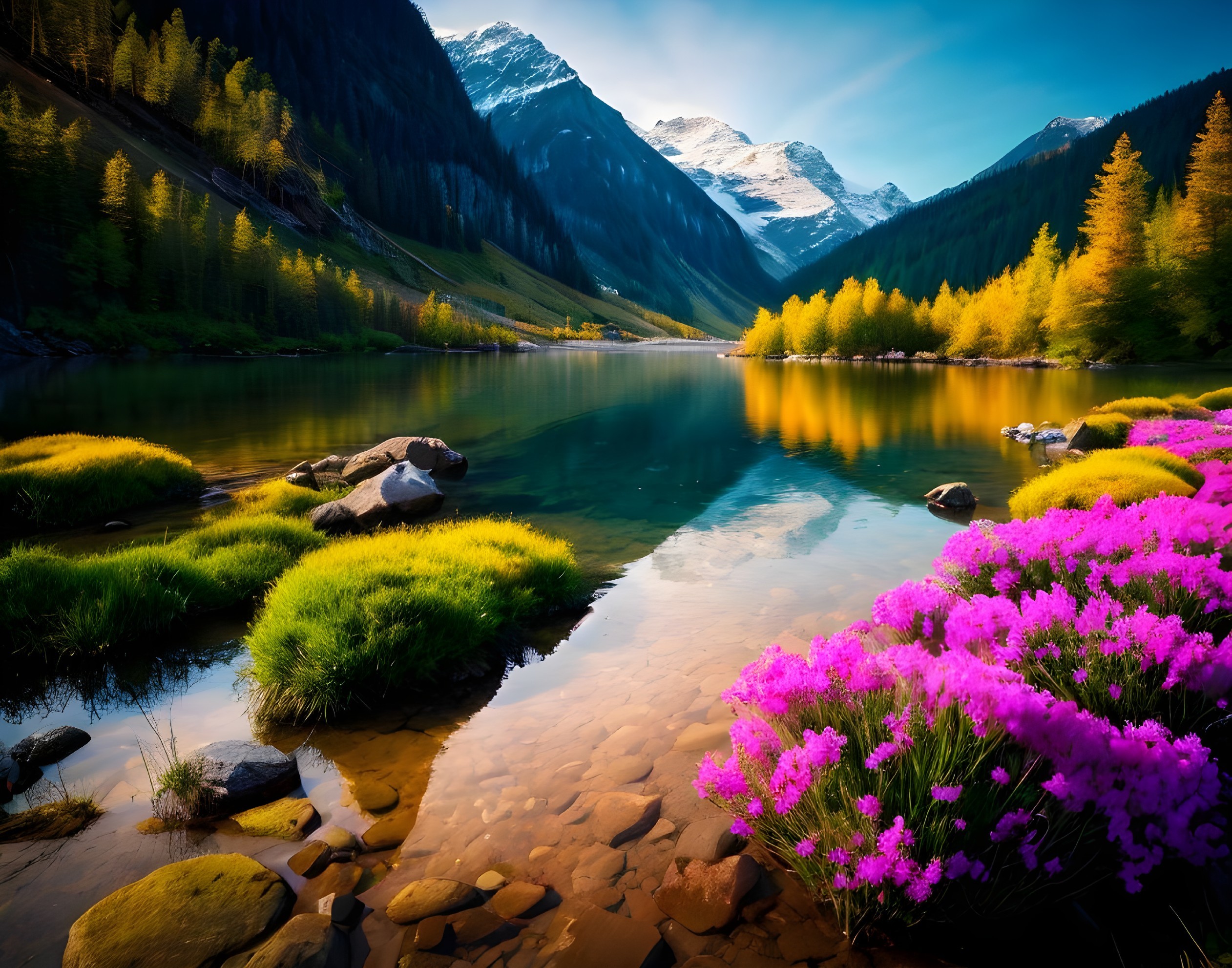 Serene Lake with Majestic Mountains and Vibrant Nature