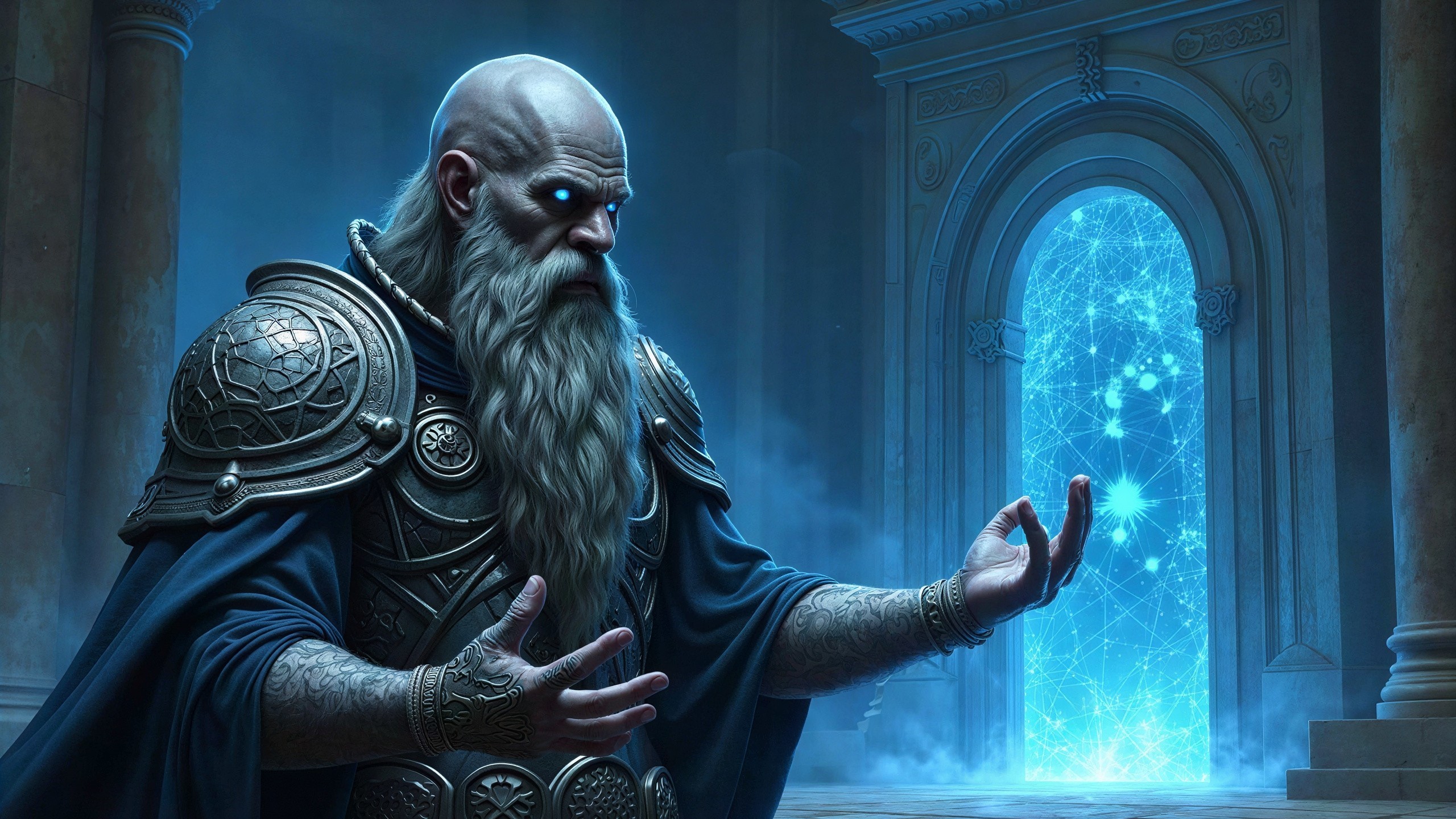 Bald Wizard in Medieval Armor Casting a Spell in Hall