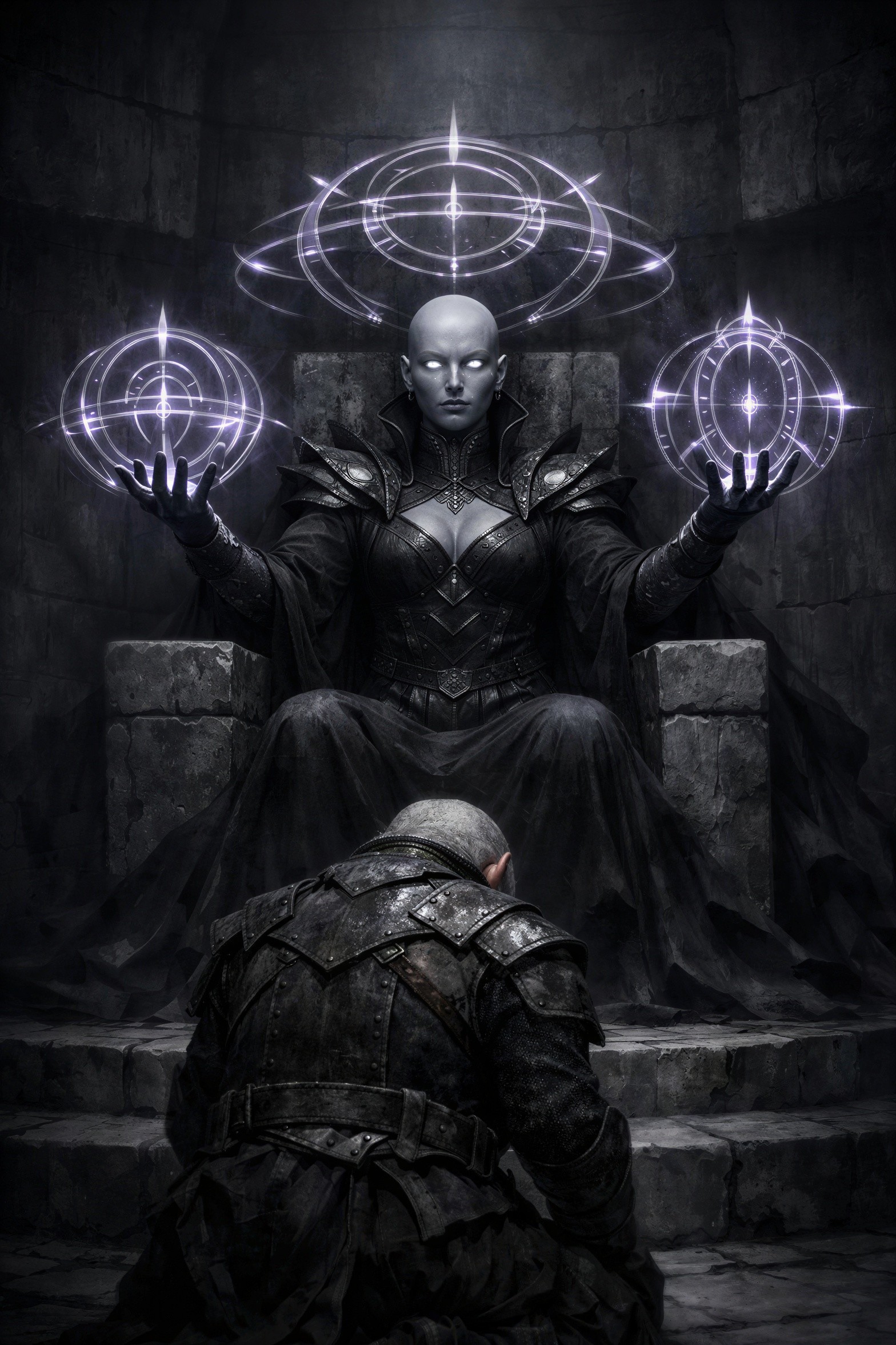 Bald Sorceress on Throne with Glowing Purple Orbs