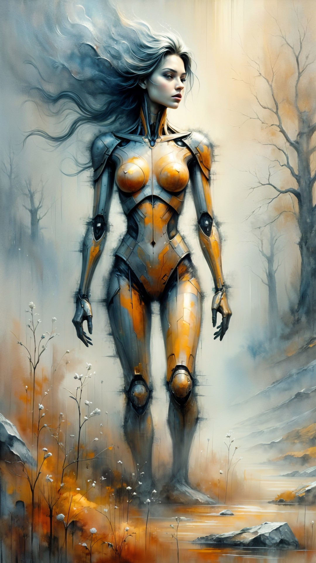 Futuristic Female Humanoid Robot in Misty Landscape
