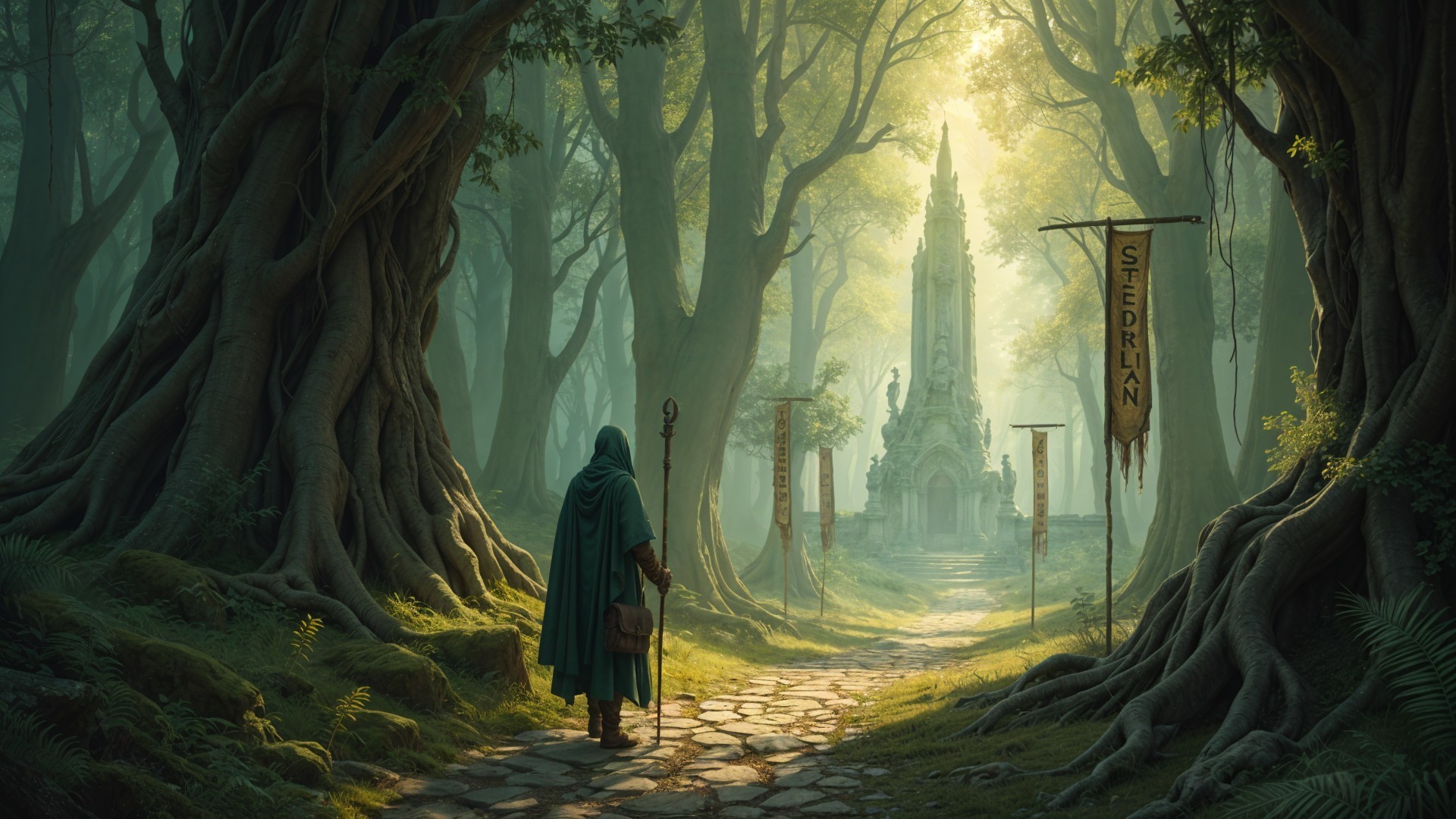 Cloaked Figure in Mystical Forest with Ancient Monument