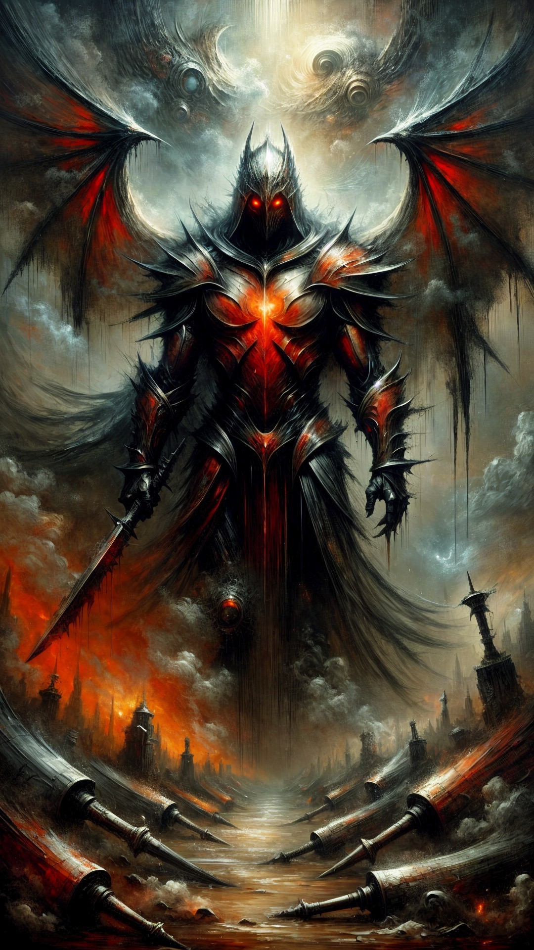 Dark Figure in Spiked Armor Against Stormy Sky