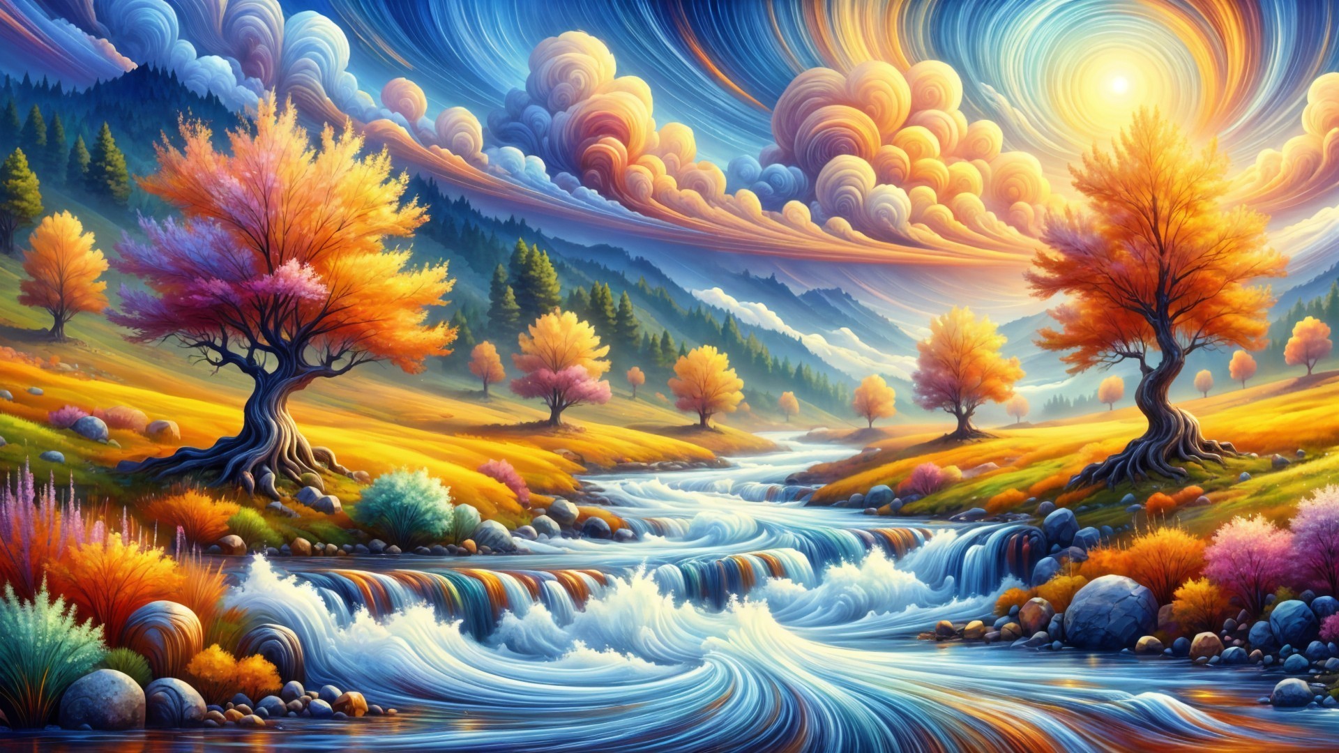 Vibrant Autumn Landscape with Serene River and Clouds