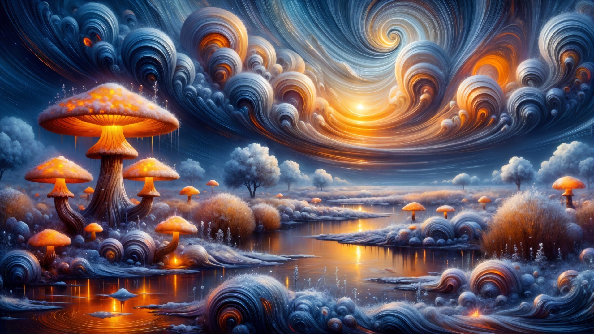 Surreal Landscape with Glowing Mushrooms and Waterway