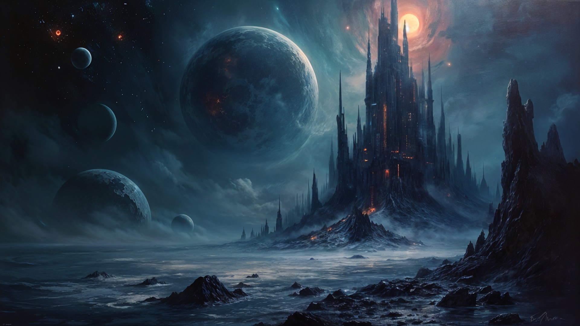 Cosmic Landscape with Dark Castle and Planets