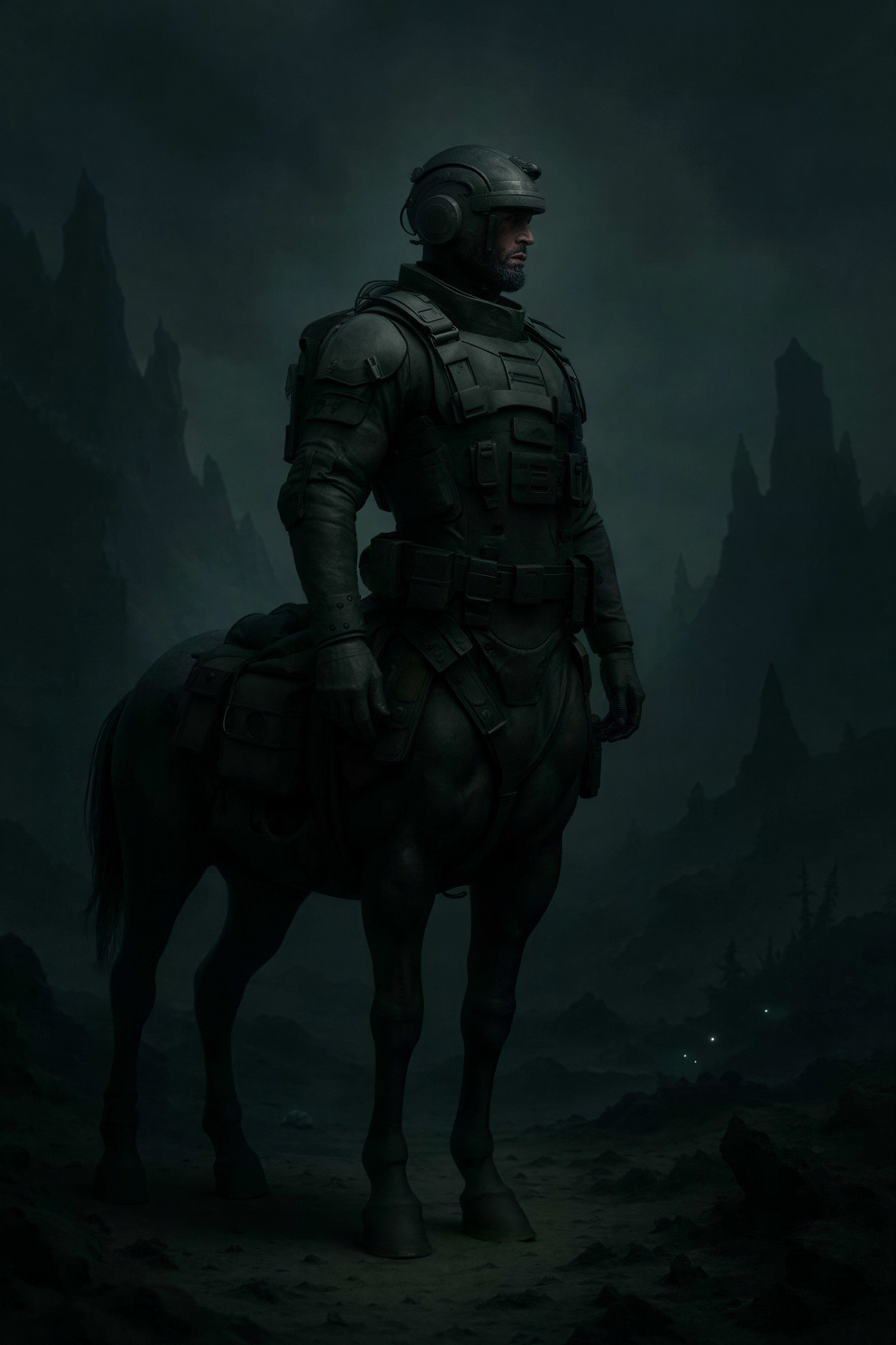 Futuristic Centaur in Dark Atmospheric Landscape