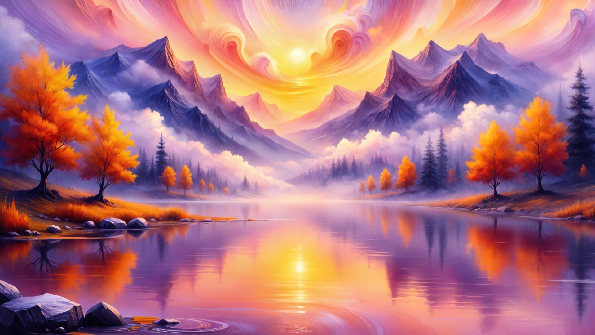 Majestic Mountains and Colorful Sunset Landscape Painting