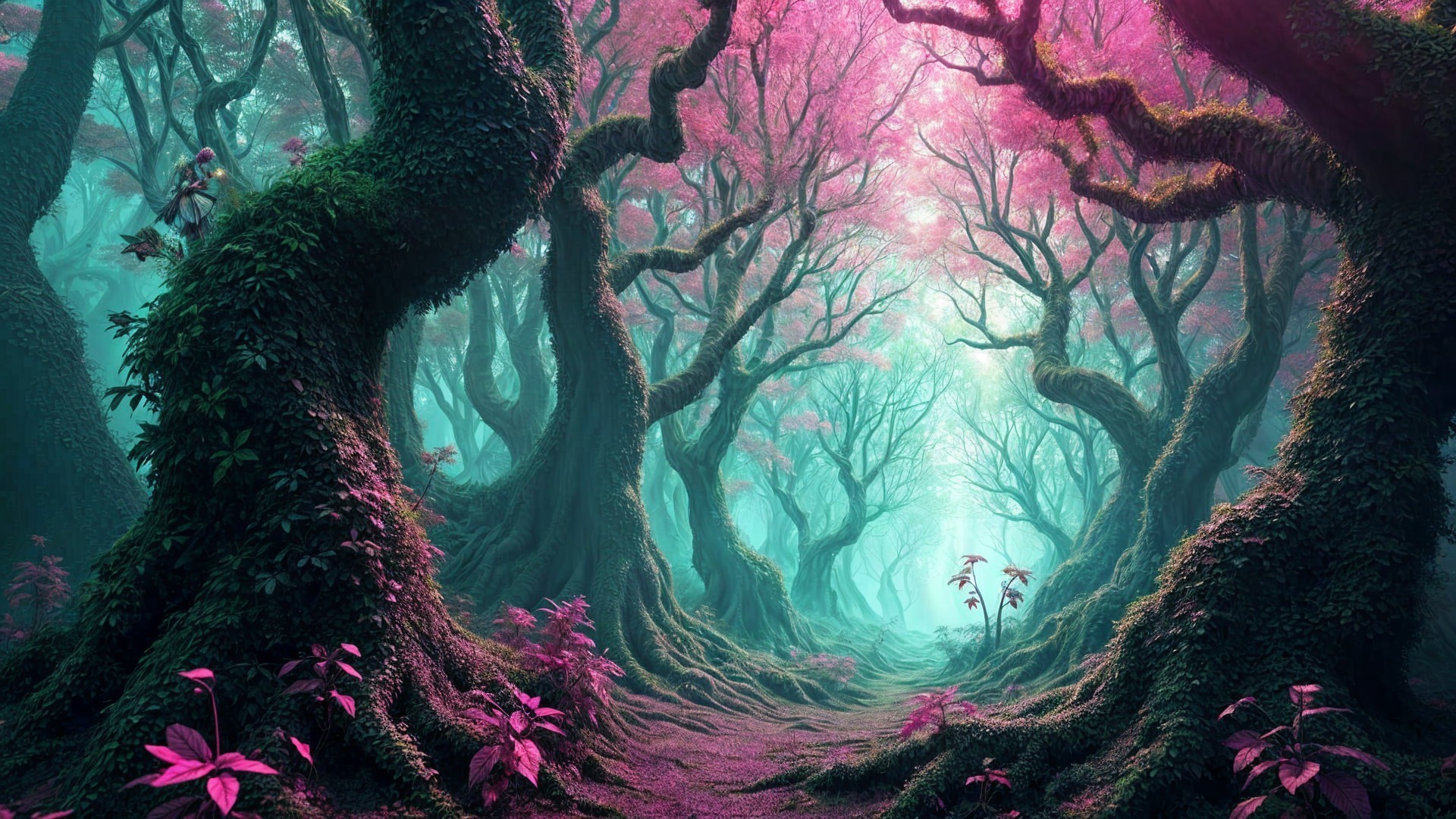 Mystical Forest with Twisted Trees and Blossoms