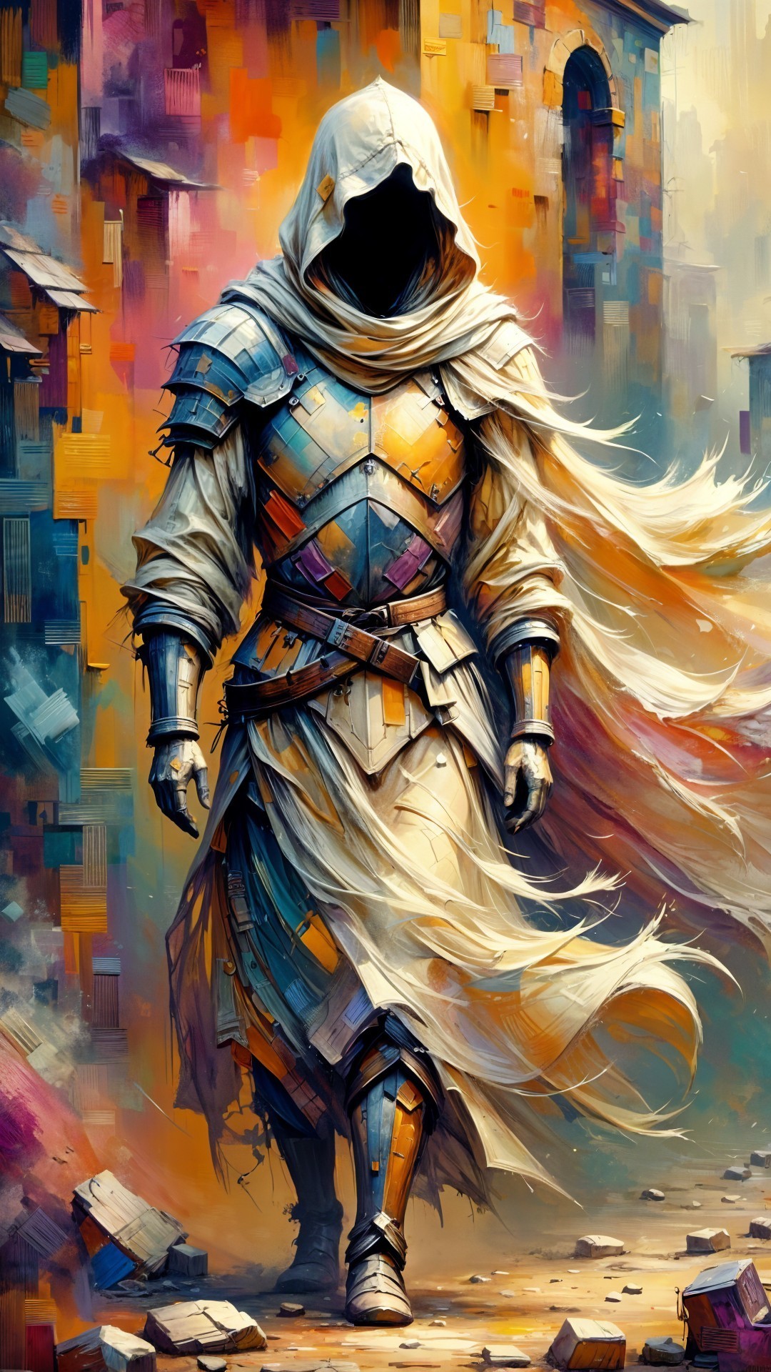 Mysterious Figure in Ornate Armor in Urban Landscape