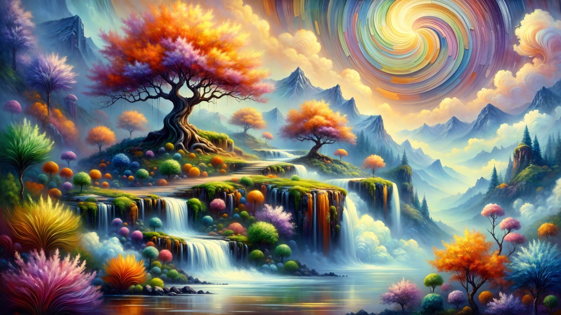 Vibrant Landscape with Waterfalls and Colorful Foliage