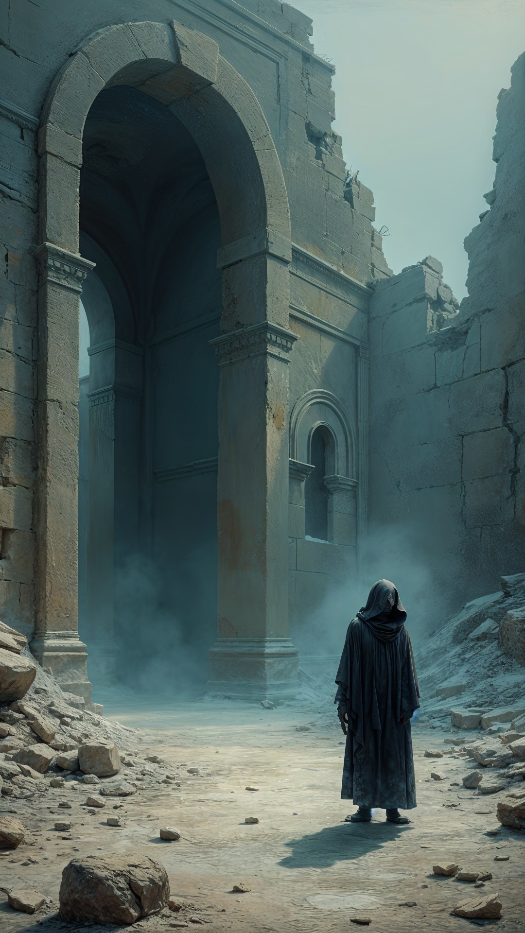 Cloaked Figure in Ruins of a Lost Civilization