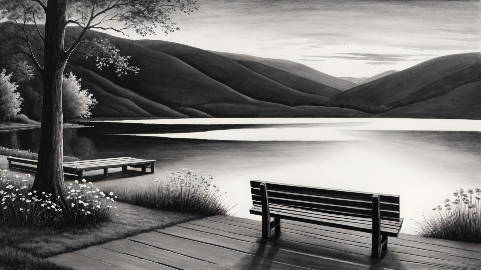 Tranquil Black and White Landscape with Lake and Benches