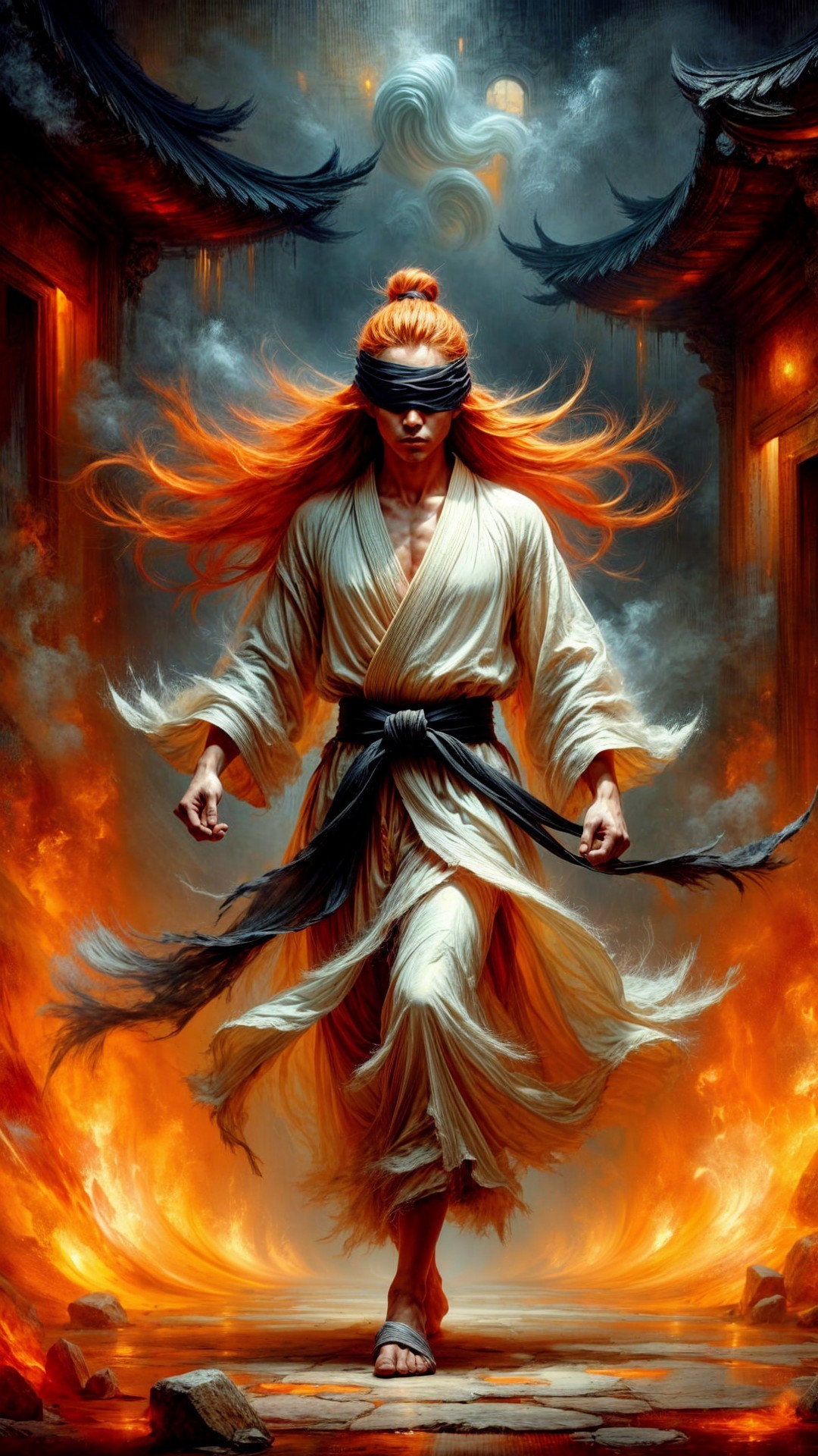 Warrior in Fiery Landscape with Blindfold and Robe