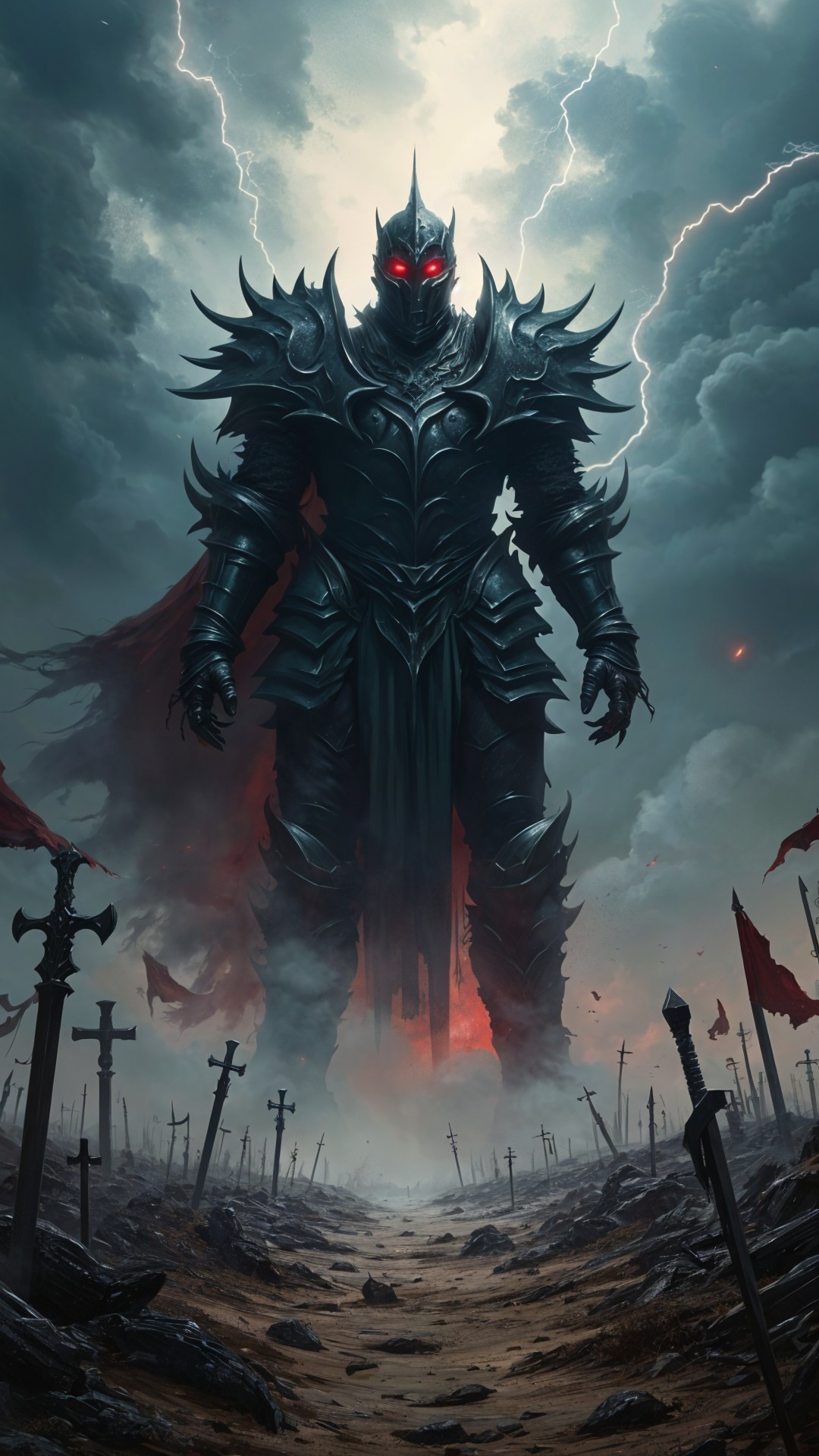 Colossal Armored Figure Against Stormy Sky