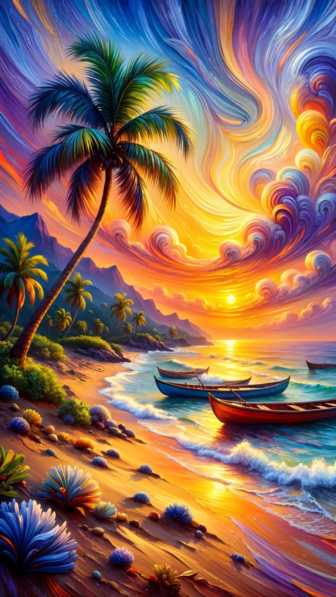 Vibrant Sunset Over Calm Ocean with Silhouetted Palm Trees