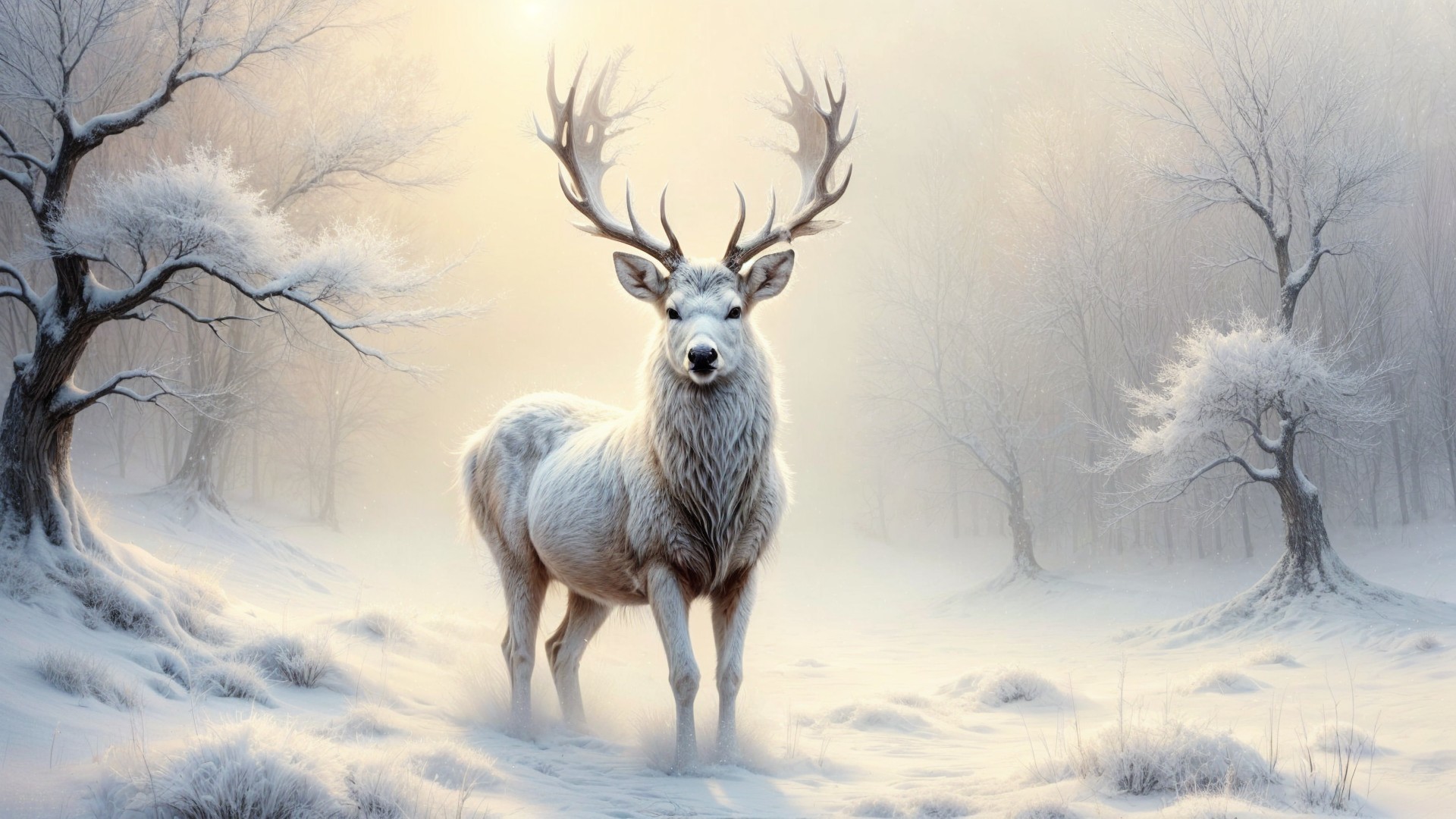 Majestic white deer in a serene winter landscape