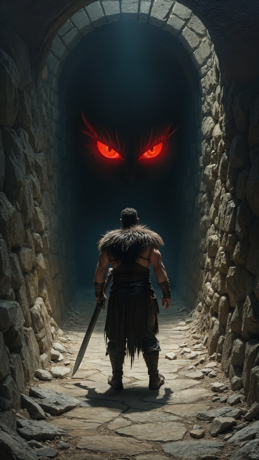 Muscular Warrior in Stone Corridor Facing Dark Threat