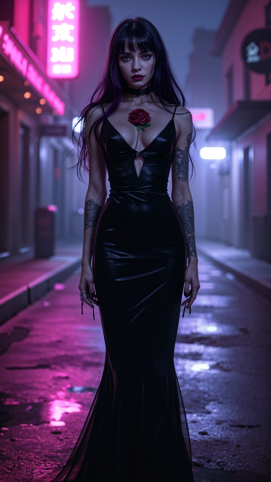 Mysterious figure in black gown with red rose in alley