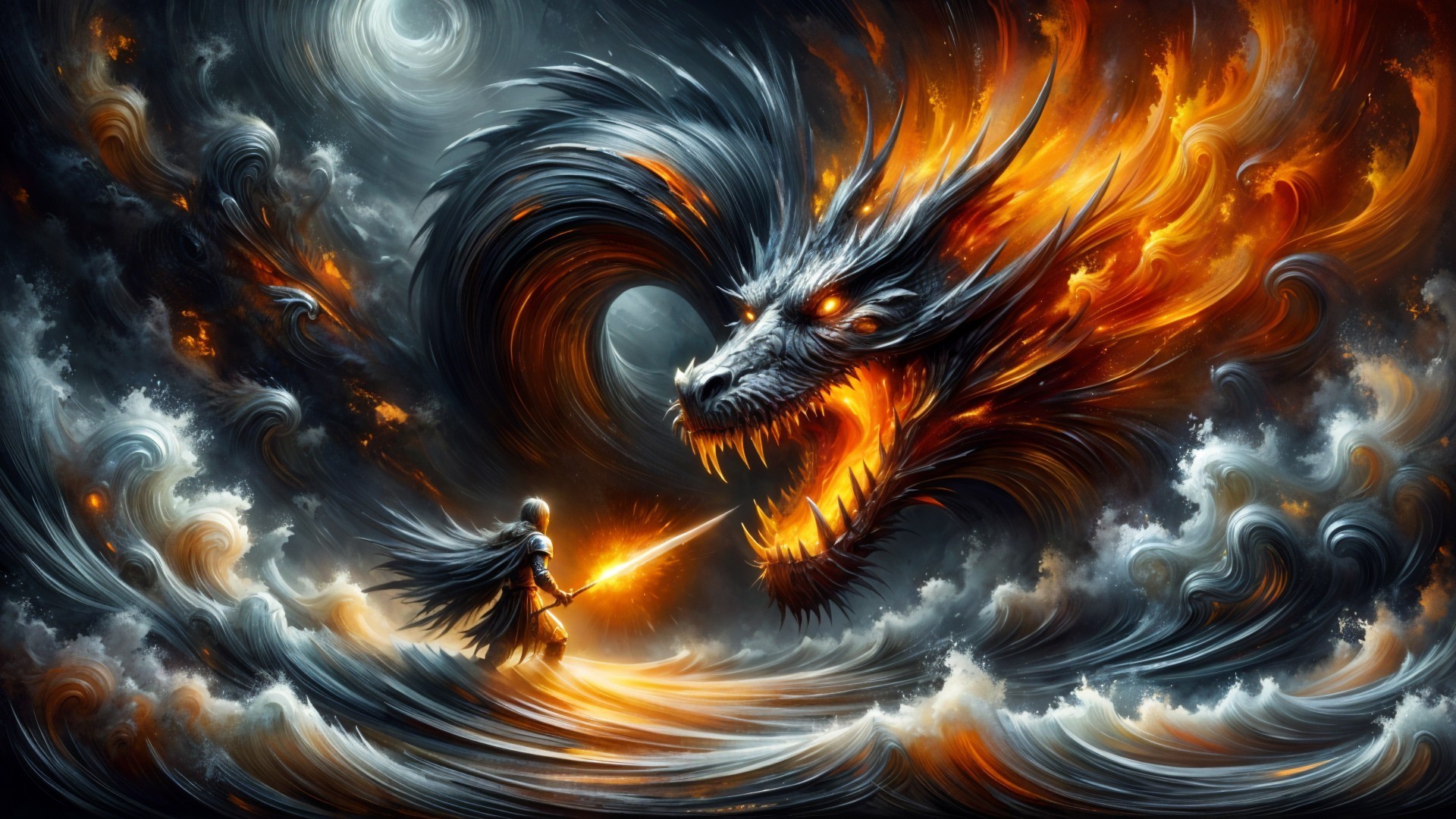 Mythical Dragon Confrontation with Warrior on Waves