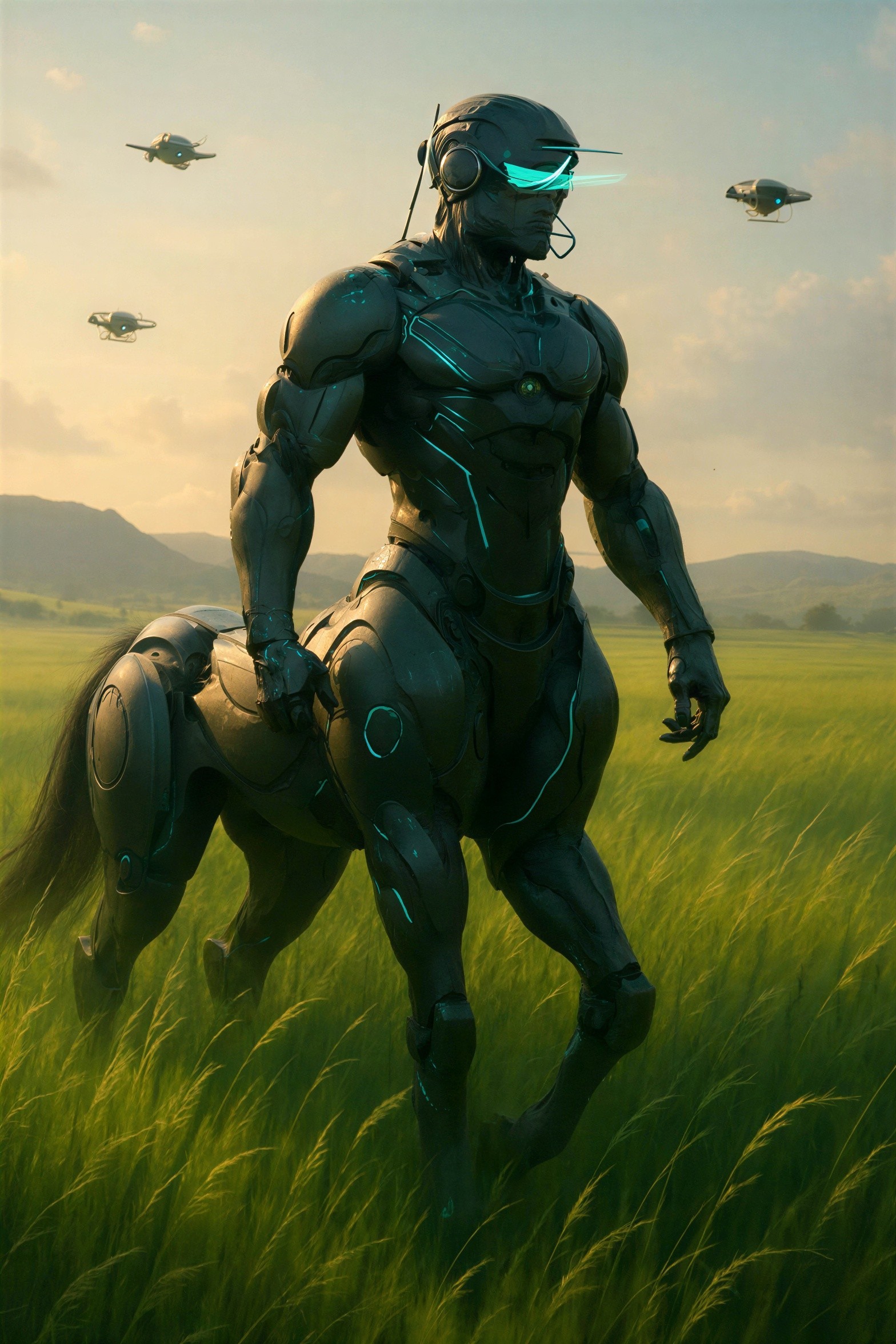Cybernetic centaur in a grassy field with hills and ships