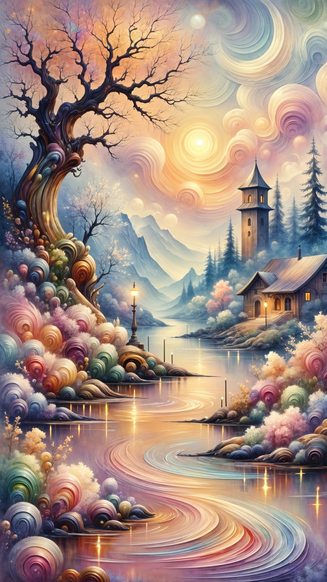 Whimsical Landscape with River and Quaint Cottage