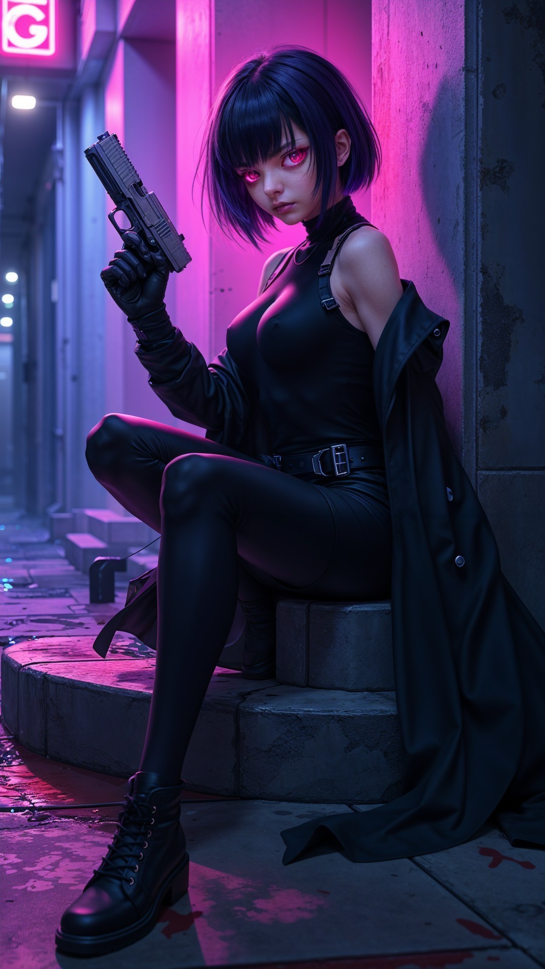 Neon-Lit Urban Alley with Confident Figure and Gun