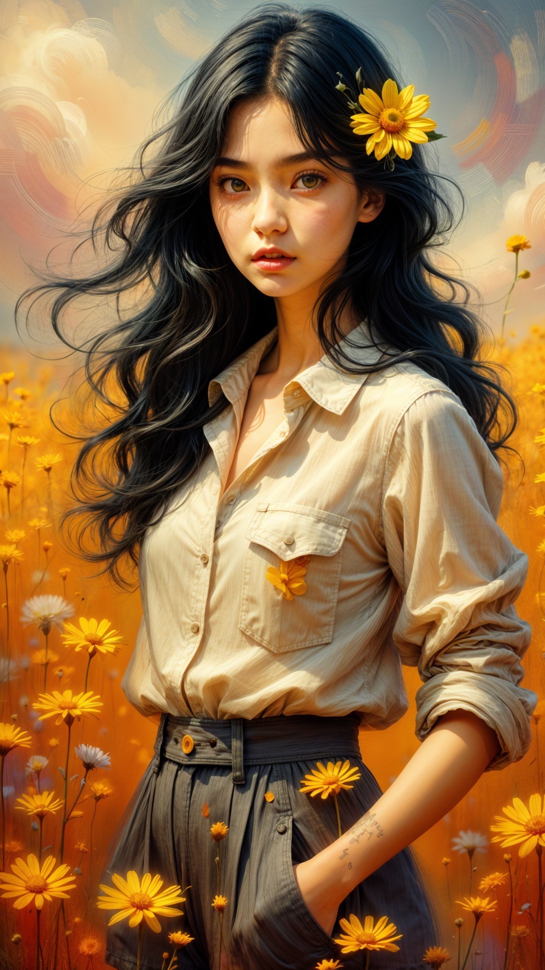 Young woman in yellow flowers with painted sky backdrop