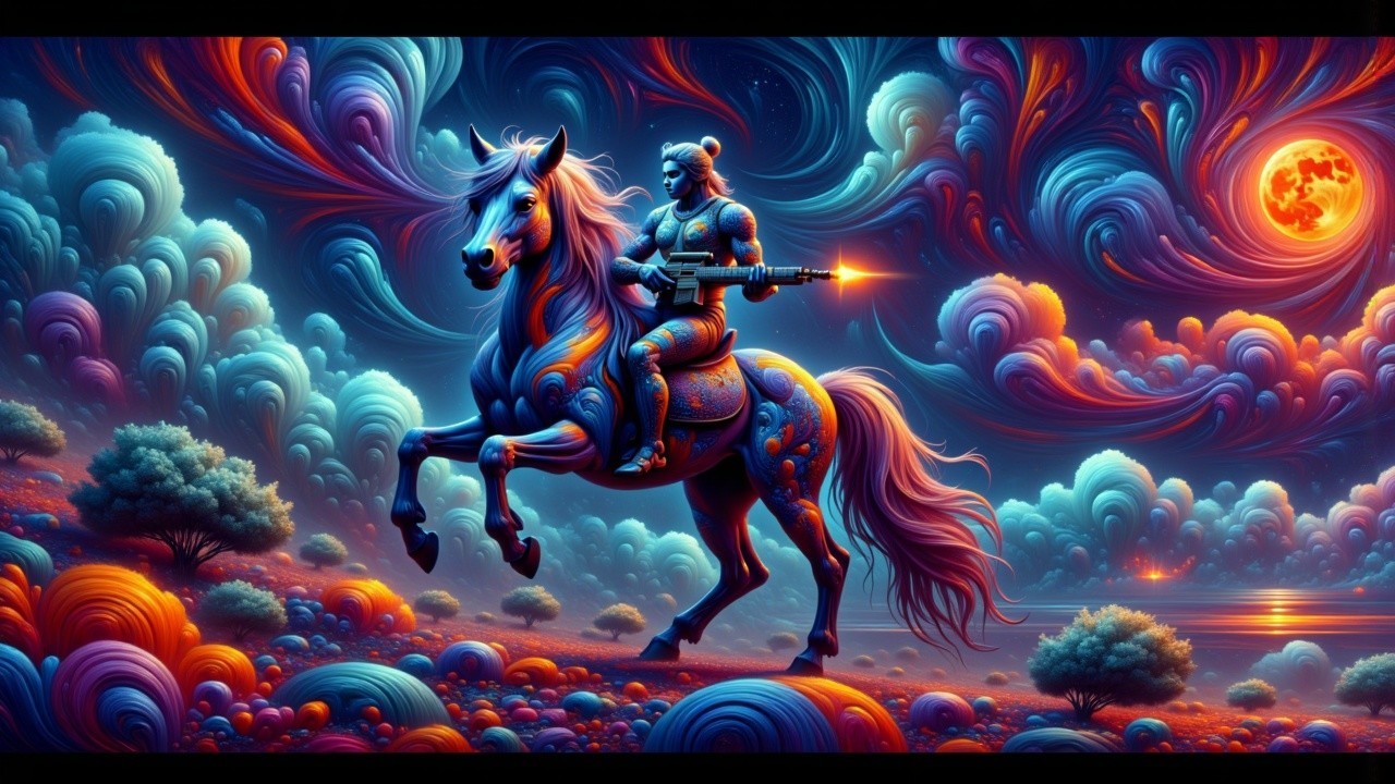 Muscular Man on Horse in Colorful Fantasy Landscape