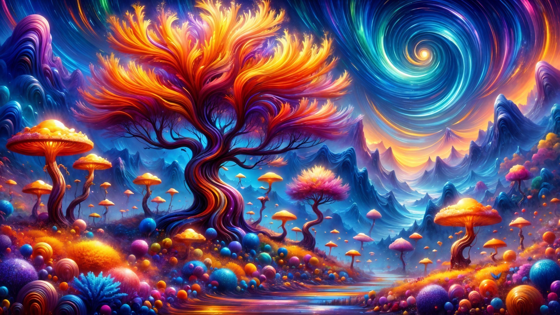 Vibrant Landscape with Galaxies and Fantastical Trees