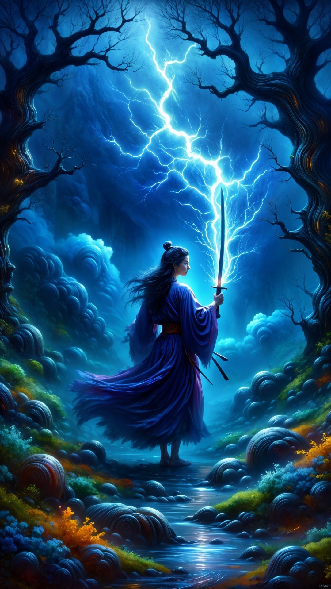 Mystical Landscape with Figure in Blue Robe and Sword