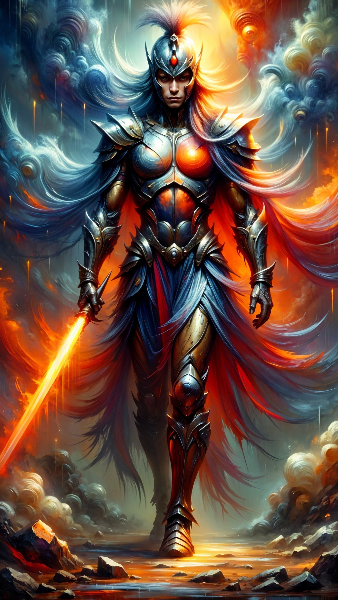 Warrior in Shimmering Armor with Glowing Sword