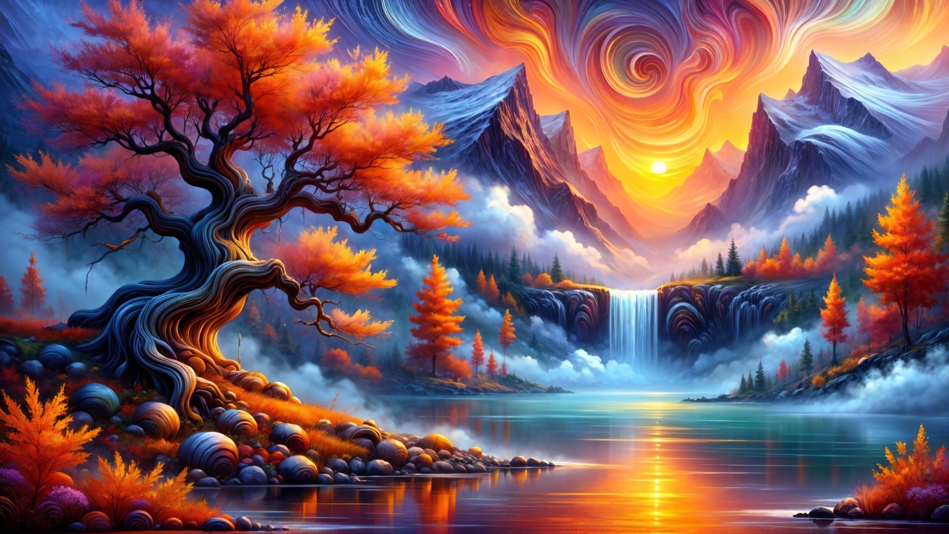 Vibrant Sunset Landscape with Tree and Waterfall