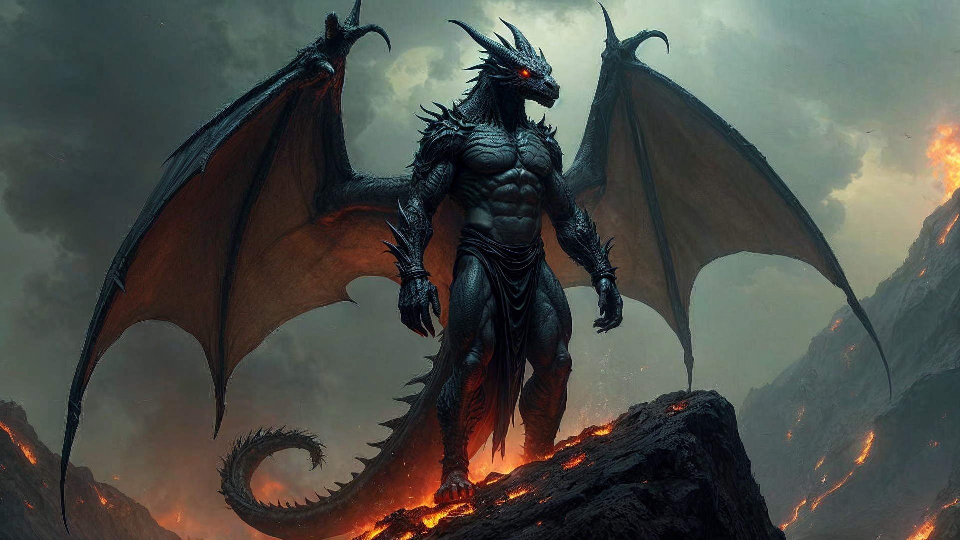 Dragon on Rocky Outcrop Surrounded by Flowing Lava