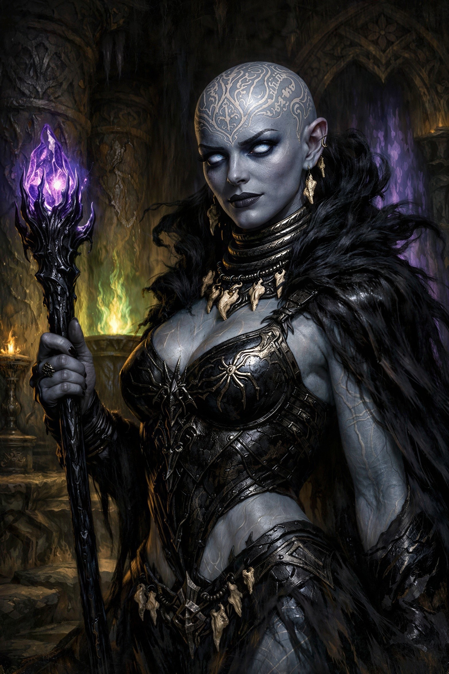 Drow Sorceress in Dark Cathedral with Glowing Staff