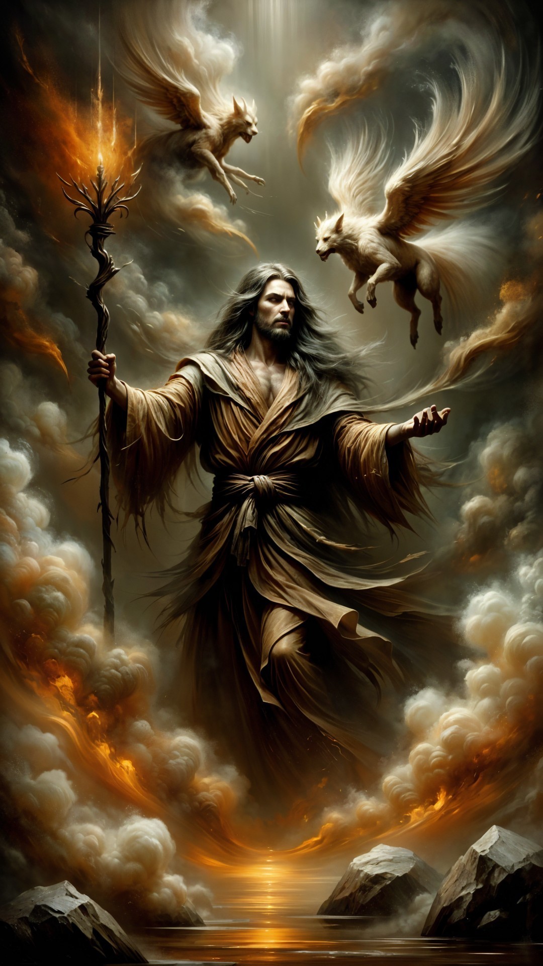 Mystical figure with glowing staff and winged creatures