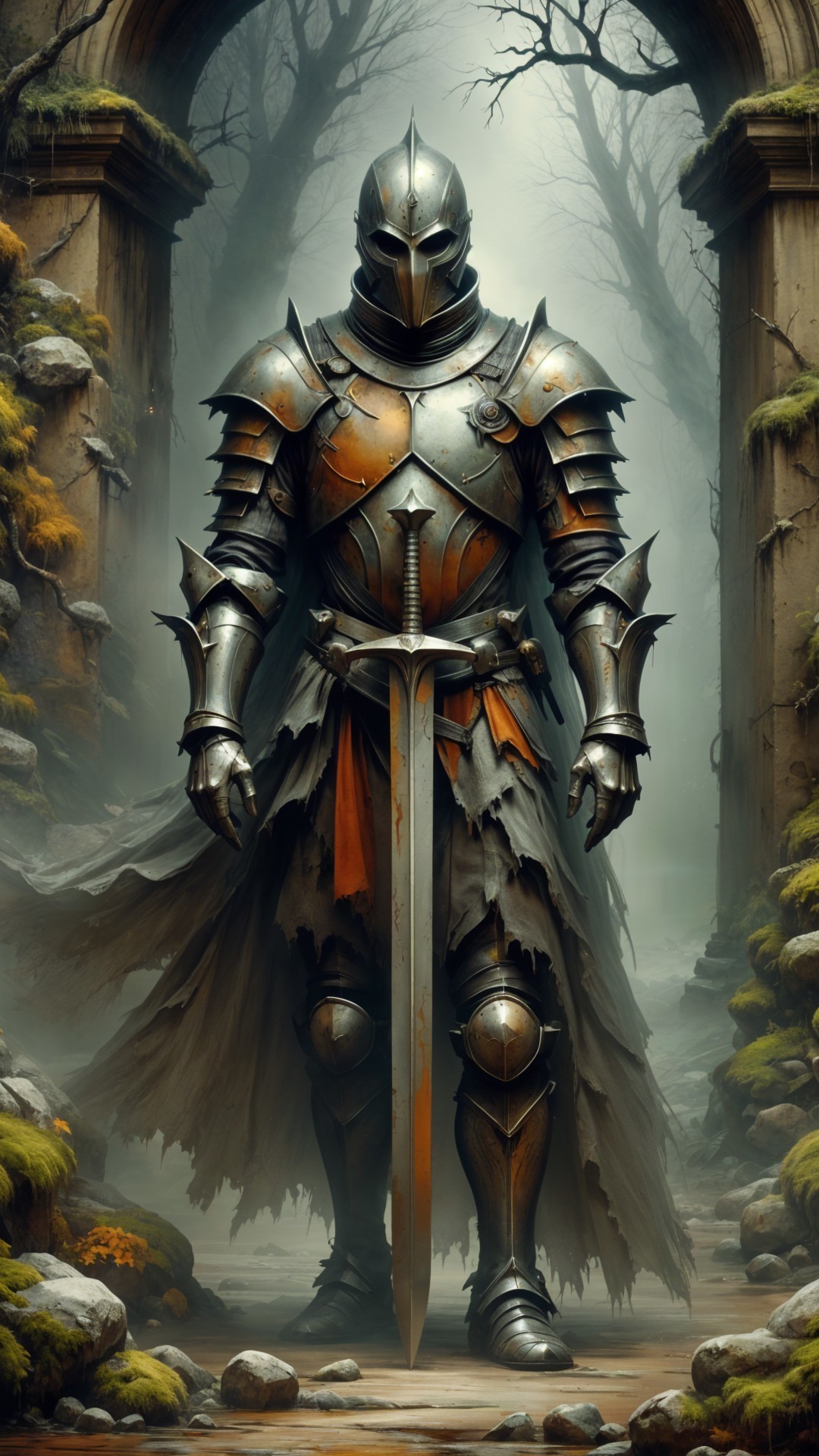 Armored Knight in Enchanted Misty Forest Scene