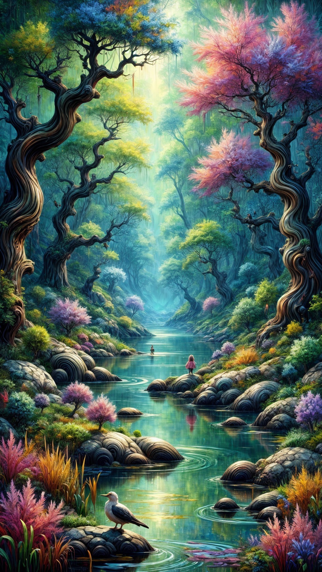Enchanted Forest Scene with Colorful Foliage and River