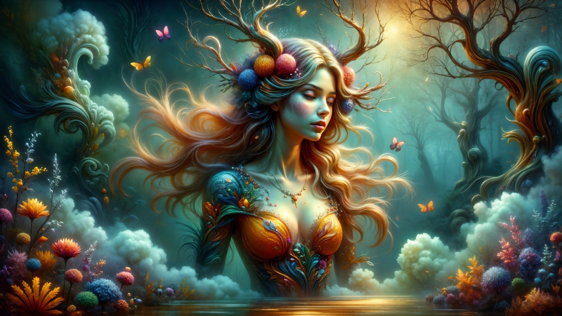 Mystical Woman in Dreamlike Floral Landscape
