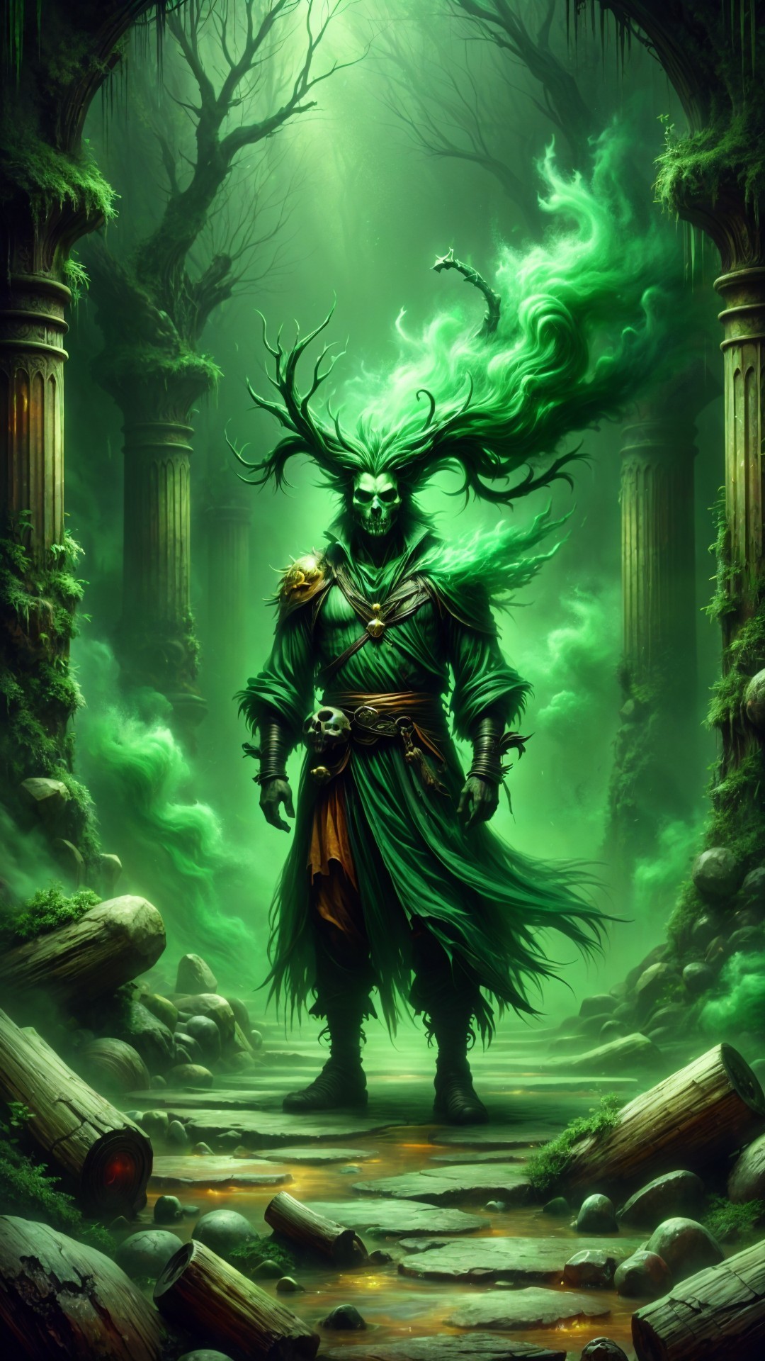 Mystical Figure Surrounded by Ancient Columns and Glow