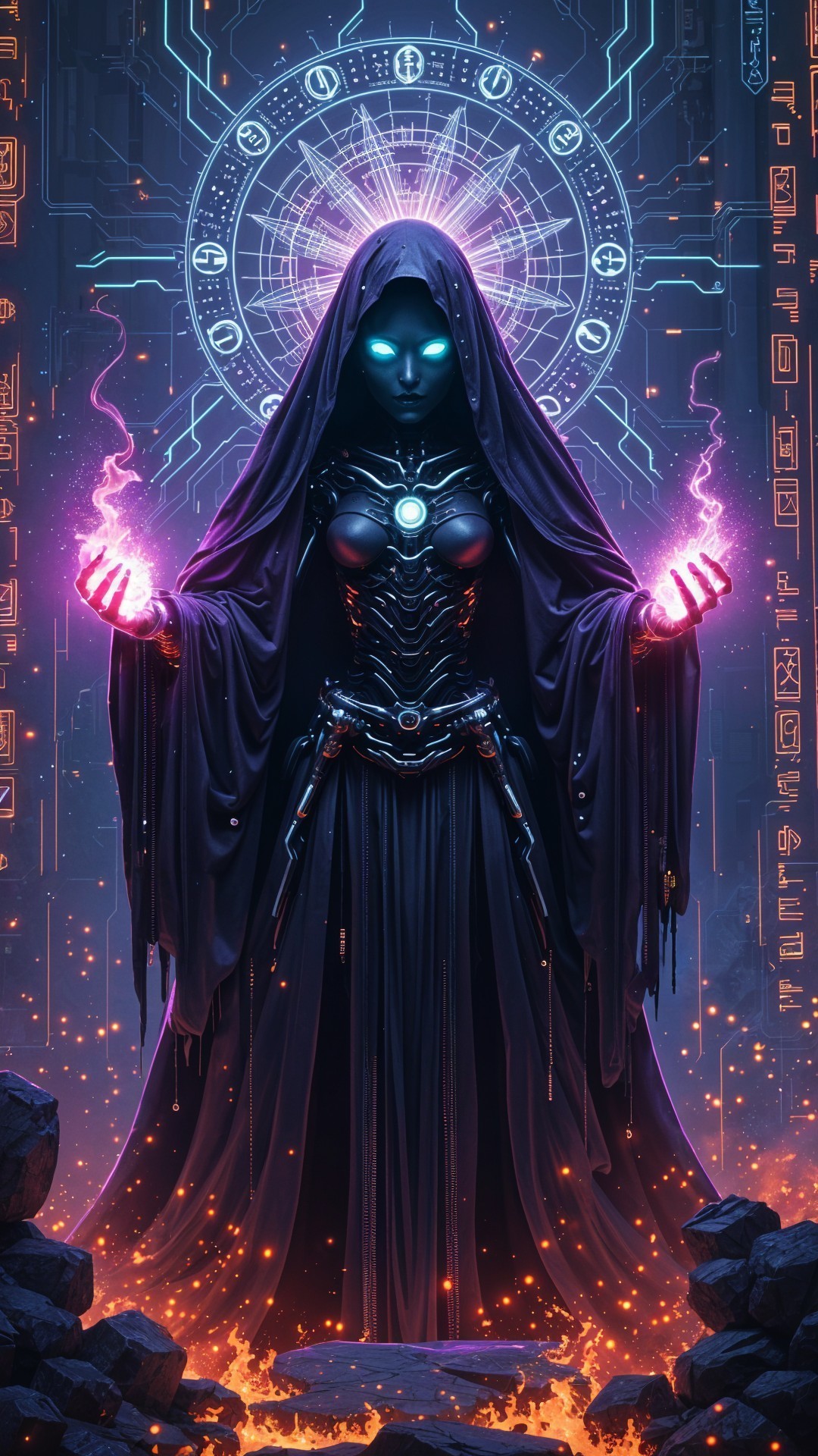 Mysterious Figure in Dark Robes with Energy Arcs