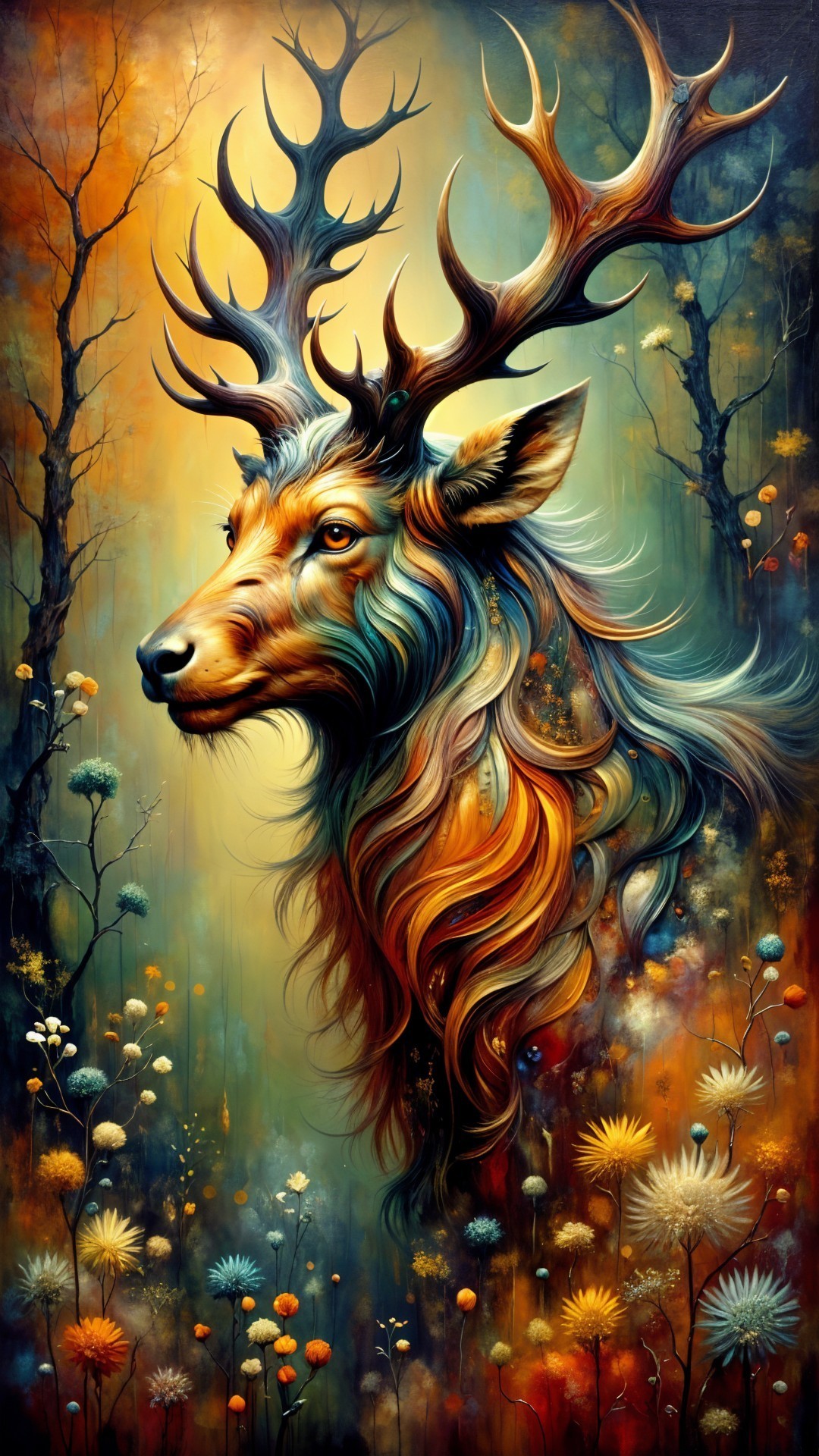 Majestic Deer Artwork with Flowing Hair and Colors