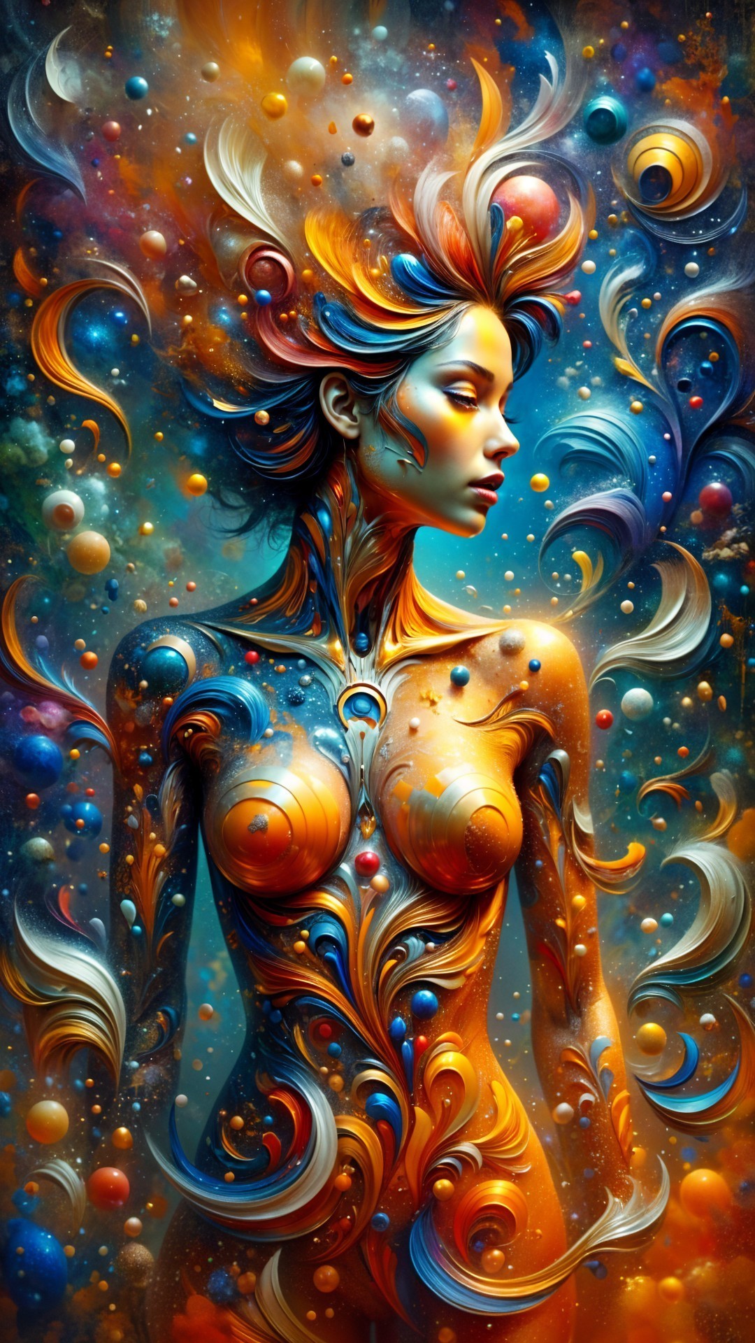 Ethereal Figure with Cosmic Swirls and Patterns