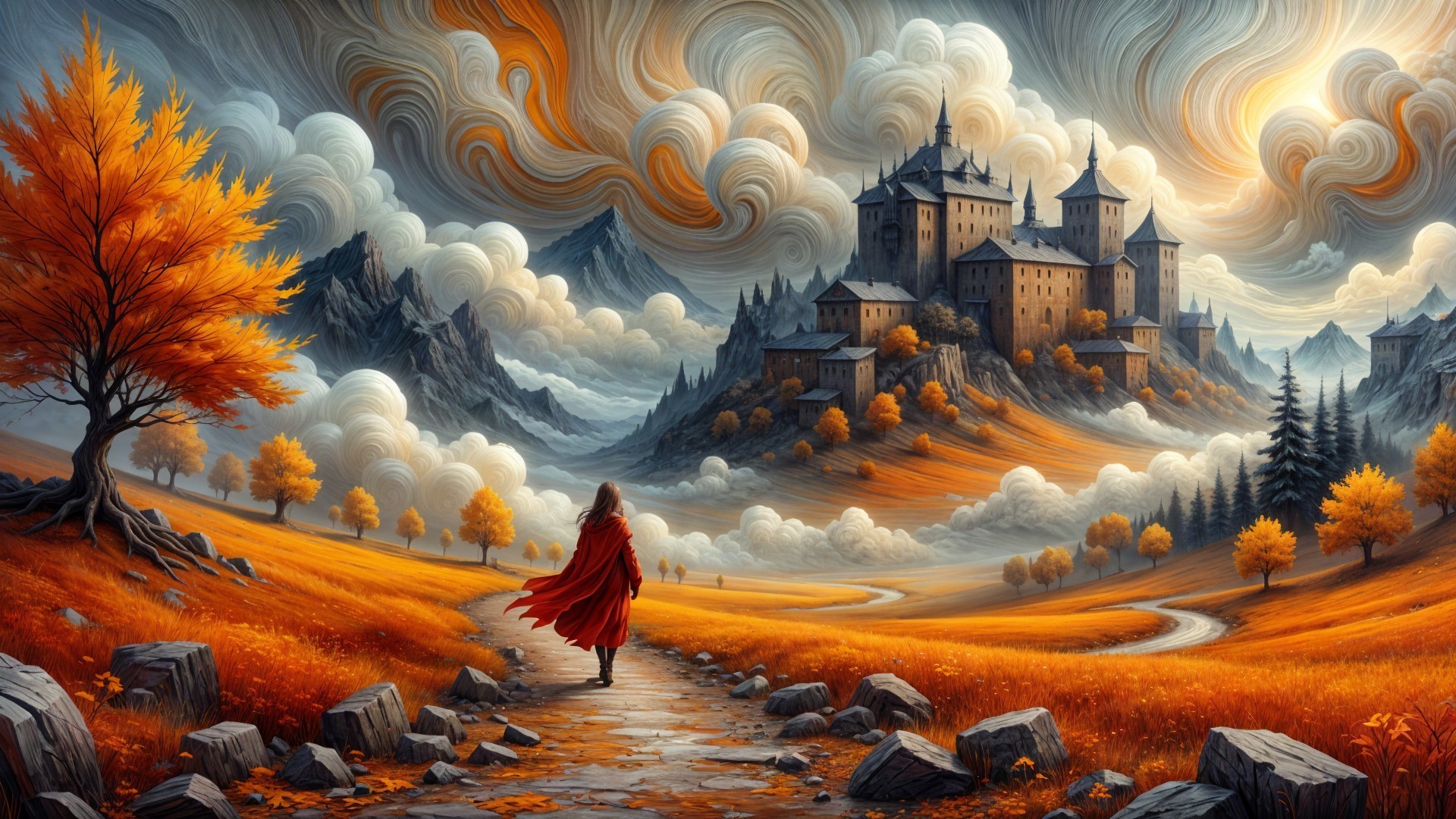 Figure in Red Cloak on Path Through Orange Fields