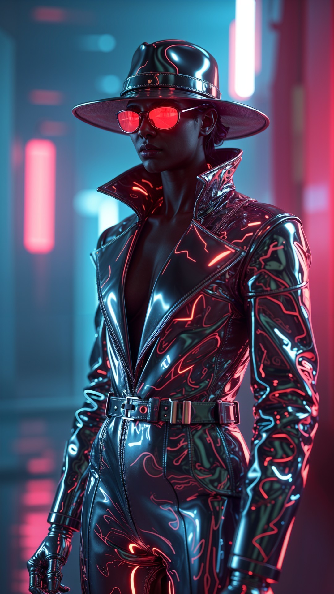 Futuristic Metallic Outfit with Neon Lights and Accessories
