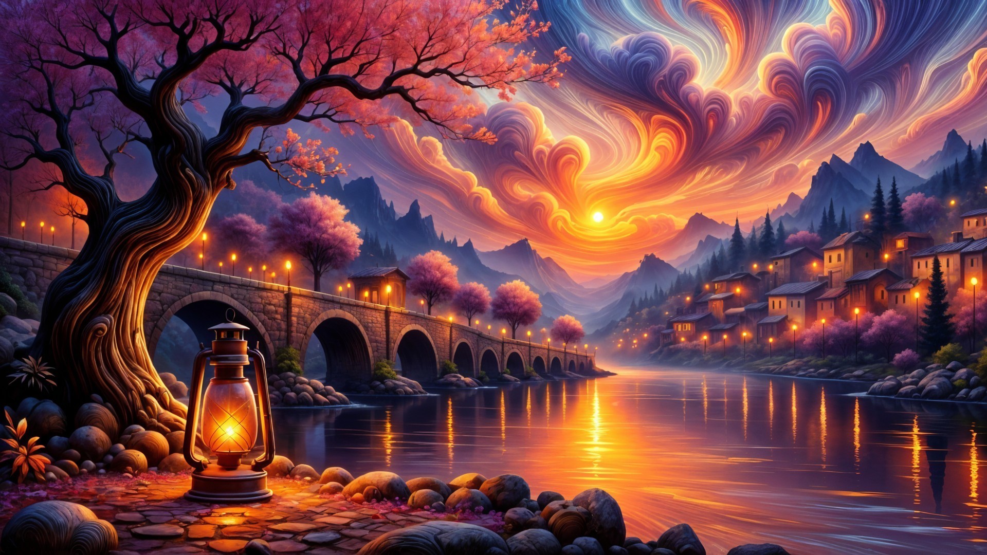 Serene Sunset Landscape with River and Stone Bridge