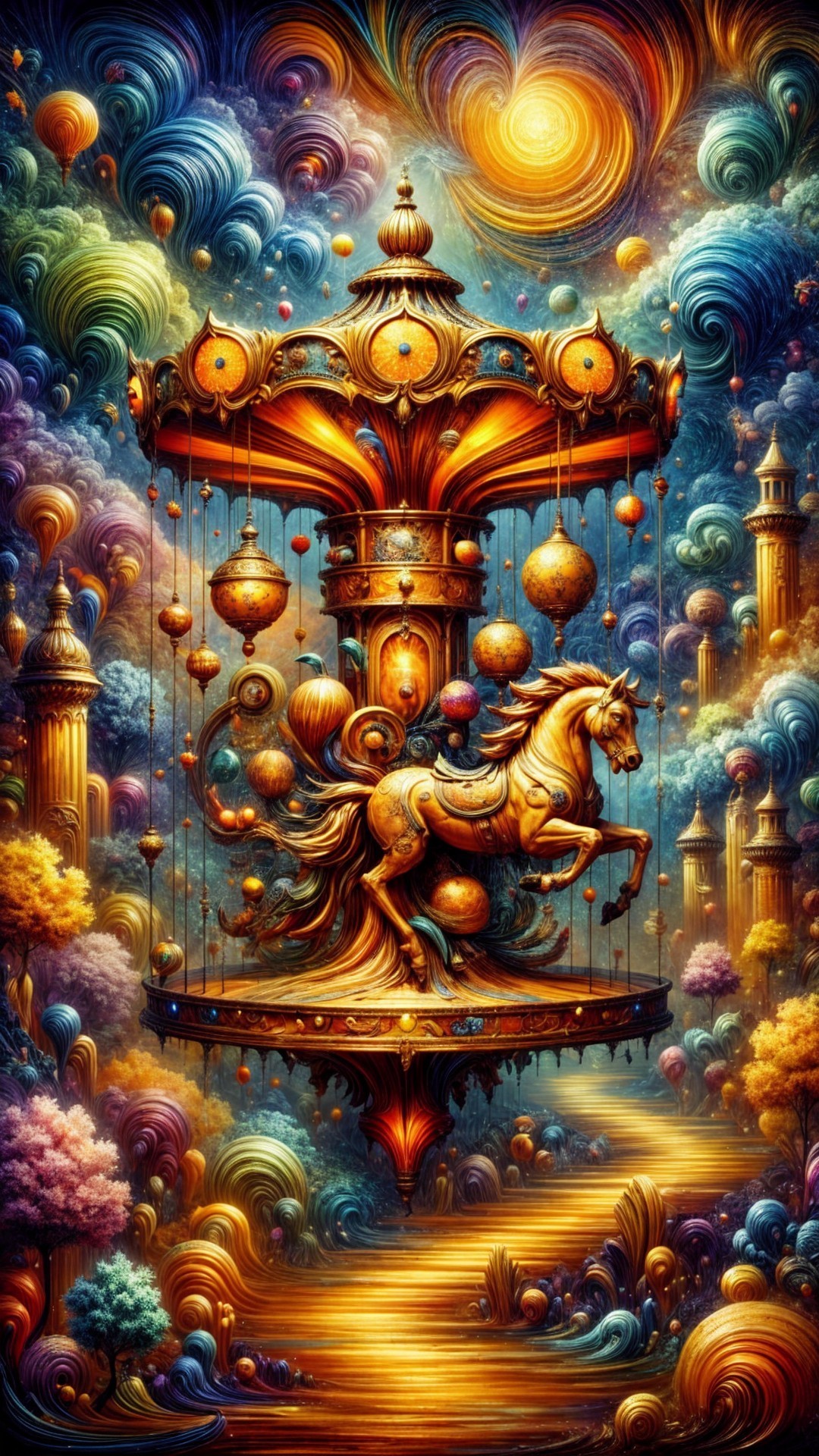 Ornate Carousel with Carved Horse in Dreamlike Setting