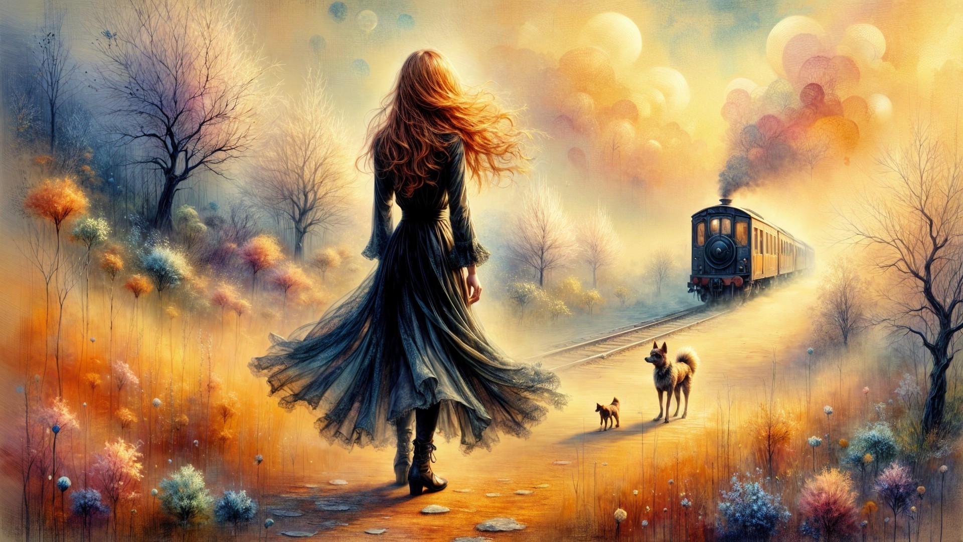 Woman in Dark Dress on Abstract Path with Dogs